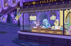 Size: 2000x1299 | Tagged: artist:pixelkitties, cafe, derpibooru import, donut joe, fine art parody, food, nighthawks, parody, safe, spike, trixie, twilight sparkle