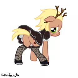 Size: 1024x1024 | Tagged: artist:pinkinfrench, bedroom eyes, blushing, clothes, crossdressing, deer pony, derpibooru import, do or deer, dress, looking at you, looking back, looking back at you, maid, male, oc, oc:treebark, original species, plot, presenting, sissy, skirt, solo, solo male, suggestive, unofficial characters only, upskirt