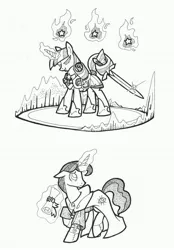 Size: 3200x4592 | Tagged: safe, artist:foldawaywings, derpibooru import, night light, twilight velvet, pony, armor, badass, black and white, caption, comic, duo, female, grayscale, guard, ink drawing, magic, magic circle, male, mare, monochrome, prehensile tail, robes, royal guard, scroll, simple background, spy, stallion, sword, tail hold, telekinesis, traditional art, white background, younger