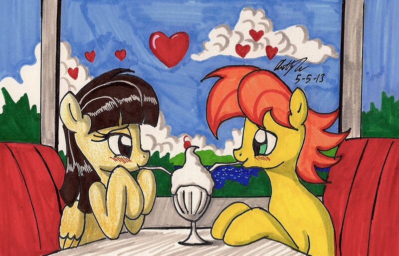 Size: 1024x656 | Tagged: artist:newyorkx3, derpibooru import, diner, female, male, mandofire, milkshake, oc, oc:mandopony, safe, shipping, straight, traditional art, wild fire