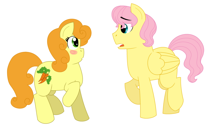 Size: 2884x1757 | Tagged: safe, artist:strawberry-spritz, derpibooru import, carrot top, fluttershy, golden harvest, earth pony, pegasus, pony, blush sticker, blushing, butterscotch, female, fluttertop, half r63 shipping, looking at each other, male, mare, open mouth, raised hoof, rule 63, shipping, simple background, stallion, transparent background