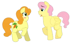 Size: 2884x1757 | Tagged: safe, artist:strawberry-spritz, derpibooru import, carrot top, fluttershy, golden harvest, earth pony, pegasus, pony, blush sticker, blushing, butterscotch, female, fluttertop, half r63 shipping, looking at each other, male, mare, open mouth, raised hoof, rule 63, shipping, simple background, stallion, transparent background