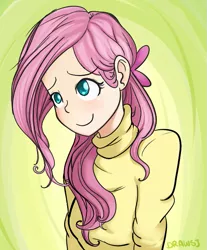 Size: 589x710 | Tagged: artist:drawsj, clothes, cute, derpibooru import, fluttershy, humanized, safe, shyabetes, solo, sweater, sweatershy, turtleneck