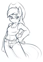 Size: 1280x1837 | Tagged: anthro, applejack, artist:ambris, belly button, belt, clothes, derpibooru import, grayscale, midriff, monochrome, pants, safe, simple background, solo, tanktop