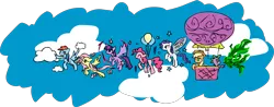 Size: 3198x1255 | Tagged: safe, artist:mrasianhappydude, derpibooru import, applejack, fluttershy, pinkie pie, rainbow dash, rarity, spike, twilight sparkle, twilight sparkle (alicorn), alicorn, pony, alicornified, female, flying, hot air balloon, line-up, mane seven, mane six, mare, race swap, raricorn, wings