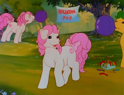 Size: 400x307 | Tagged: balloon, balloon popping, blowing up balloons, clones, derpibooru import, g1, magic star, safe, screencap, sundance