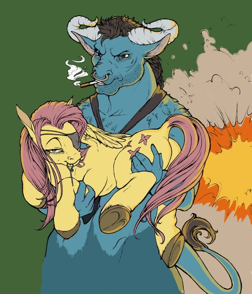 Size: 1280x1498 | Tagged: safe, artist:fillyphalanx, derpibooru import, fluttershy, iron will, minotaur, pony, badass, carrying, cigarette, dock, explosion, eyepatch, holding a pony, hooves, plot, smoking, unshorn fetlocks