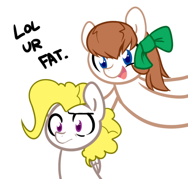 Size: 676x643 | Tagged: safe, artist:pekou, derpibooru import, surprise, oc, oc:troll-raipony, earth pony, pegasus, pony, ask surprise, female, frown, g1, g1 to g4, generation leap, lol ur fat, mare, open mouth, raised eyebrow, simple background, smiling, white background, wide eyes