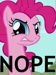 Size: 269x360 | Tagged: safe, derpibooru import, edit, edited screencap, screencap, pinkie pie, party of one, cropped, long neck, nope, nope.avi, reaction image, solo