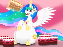 Size: 1280x960 | Tagged: artist:8aerondight8, belly, big belly, cake, cakelestia, chubbylestia, derpibooru import, fat, fat princess, princess celestia, safe, sparkles, that pony sure does love cakes
