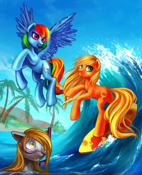 Size: 1441x1773 | Tagged: safe, artist:nyarmarr, derpibooru import, applejack, derpy hooves, rainbow dash, pegasus, pony, beach, female, flying, loose hair, mare, ocean, snorkel, surfing, wet mane