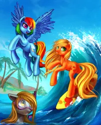 Size: 1441x1773 | Tagged: safe, artist:nyarmarr, derpibooru import, applejack, derpy hooves, rainbow dash, pegasus, pony, beach, female, flying, loose hair, mare, ocean, snorkel, surfing, wet mane