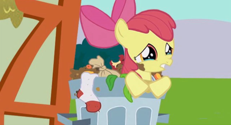 Size: 1600x870 | Tagged: apple bloom, applebuse, crying, derpibooru import, joker meets mlp, sad, safe, sock, trash, trash can