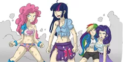 Size: 2000x1006 | Tagged: suggestive, artist:crystal-secret, derpibooru import, pinkie pie, rainbow dash, rarity, twilight sparkle, human, equestria girls, badass, belly button, breasts, bruised, clothes, clothing damage, damaged, female, females only, fight, humanized, injured, panties, pink underwear, polka dot underwear, shorts, torn clothes, underwear