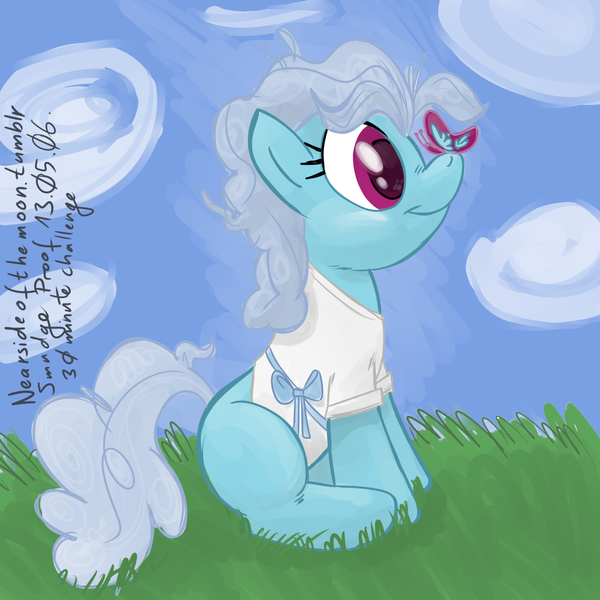 Size: 1000x1000 | Tagged: safe, artist:smudge proof, derpibooru import, screw loose, butterfly, pony, 30 minute art challenge, missing cutie mark, sitting, solo