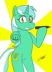 Size: 1027x1411 | Tagged: safe, artist:otakon, derpibooru import, lyra heartstrings, pony, unicorn, abstract background, bipedal, fist, fist bump, grin, hand, hoofbump, looking at you, marker, smiling, solo