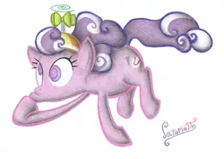 Size: 1024x728 | Tagged: safe, artist:patoriotto, derpibooru import, screwball, earth pony, pony, female, flying, hat, mare, propeller hat, solo, swirly eyes, traditional art