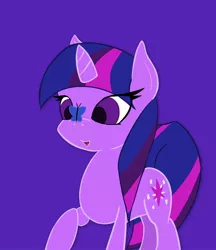 Size: 800x926 | Tagged: safe, artist:amazome, artist:sparkyplx, derpibooru import, twilight sparkle, butterfly, pony, cross-eyed, cute, female, insect on nose, looking at something, mare, raised hoof, simple background