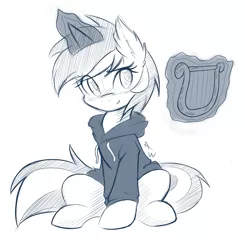 Size: 1609x1645 | Tagged: safe, artist:ambris, derpibooru import, lyra heartstrings, pony, unicorn, fanfic:background pony, clothes, ear fluff, hoodie, lyre, magic, monochrome, simple background, sketch, smiling, solo, telekinesis, white background