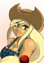 Size: 600x860 | Tagged: ambiguous facial structure, anthro, applejack, artist:angsthewicked, breasts, busty applejack, cleavage, derpibooru import, female, overalls, suggestive