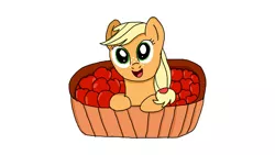 Size: 1280x720 | Tagged: safe, artist:jbond, derpibooru import, applejack, apple, filly, food, simple background, solo, white background