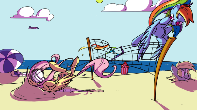 Size: 1280x720 | Tagged: safe, artist:late, derpibooru import, derpy hooves, fluttershy, rainbow dash, rarity, twilight sparkle, twilight sparkle (alicorn), alicorn, pony, abuse, beach, bonk, female, flutterbuse, mare, ouch, playing, sports, volleyball