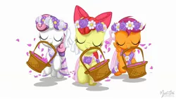 Size: 2560x1440 | Tagged: apple bloom, artist:mysticalpha, cutie mark crusaders, derpibooru import, floral head wreath, flower, safe, scootaloo, sweetie belle, wallpaper, wedding