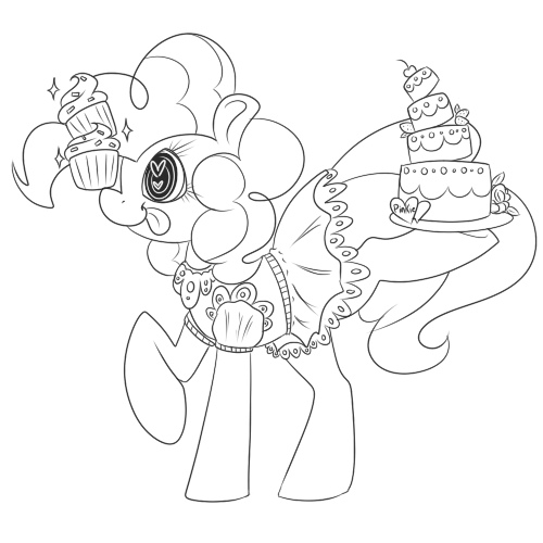 Size: 500x500 | Tagged: safe, artist:ponycide, derpibooru import, pinkie pie, balance, balancing, cake, clothes, cupcake, dress, food, heart eyes, lineart, ponies balancing stuff on their nose, wingding eyes