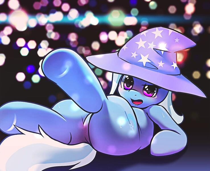 Size: 1230x1000 | Tagged: questionable, artist:apricolor, derpibooru import, trixie, pony, unicorn, featureless crotch, female, hooves, mare, on back, pixiv, solo, solo female
