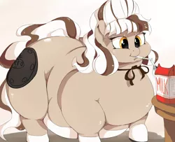 Size: 1200x975 | Tagged: artist:sirmasterdufel, derpibooru import, drinking, fat, food pony, impossibly large butt, milk, morbidly obese, obese, oc, oc:double stuf, oreo, original species, safe, solo, straw, unofficial characters only