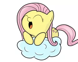 Size: 1280x1024 | Tagged: dead source, safe, artist:beornus, derpibooru import, fluttershy, pegasus, pony, cloud, cute, eyes closed, happy, hnnng, on a cloud, open mouth, prone, shyabetes, simple background, smiling, solo, weapons-grade cute, white background