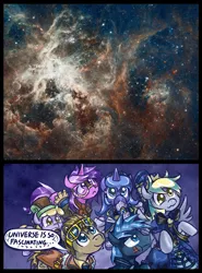 Size: 621x840 | Tagged: safe, artist:saturnspace, derpibooru import, idw, amethyst star, derpy hooves, dinky hooves, doctor whooves, princess luna, star hunter, time turner, pegasus, pony, clockwise whooves, exploitable meme, female, jack harkness, mare, meme, nature is so fascinating, nebula, reference, universe is so fascinating