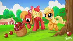 Size: 2560x1440 | Tagged: safe, artist:mysticalpha, derpibooru import, apple bloom, applejack, big macintosh, pony, apple siblings, baby, baby apple bloom, baby pony, colt, filly, foal, wallpaper