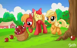 Size: 2560x1600 | Tagged: safe, artist:mysticalpha, derpibooru import, apple bloom, applejack, big macintosh, pony, apple siblings, baby, baby apple bloom, baby pony, colt, filly, foal, wallpaper