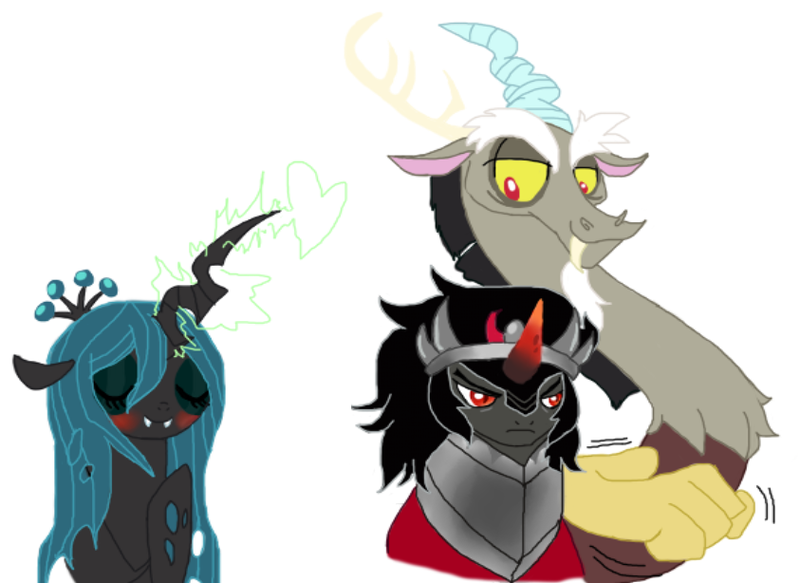 Size: 843x614 | Tagged: artist:loveponies89, blushing, chrysombra, derpibooru import, discord, female, king sombra, male, queen chrysalis, safe, shipper on deck, shipping, straight, wingman