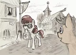 Size: 1280x922 | Tagged: artist:agm, bag, glasses, ponyville, safe, scootaloo, street, twist