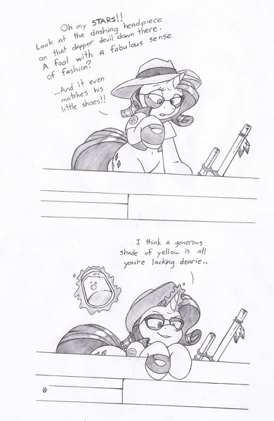 Size: 942x1450 | Tagged: safe, artist:joey darkmeat, derpibooru import, rarity, pony, unicorn, comic, crossover, jar, jarate, meet the sniper, monochrome, pee in container, sketch, sniper, sydney sleeper, team fortress 2, traditional art, urine