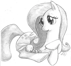 Size: 1500x1391 | Tagged: angel bunny, artist:dj-black-n-white, derpibooru import, eyes closed, fluttershy, leaning, monochrome, prone, safe, simple background, sleeping, smiling, traditional art, white background