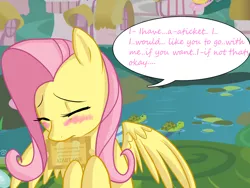 Size: 1600x1200 | Tagged: safe, artist:annakitsun3, derpibooru import, fluttershy, pegasus, pony, turtle, blushing, bronybait, cute, eyes closed, female, frown, gala ticket, grand galloping gala, hoof hold, mare, mouth hold, ponyville, river, shy, shyabetes, solo, speech bubble, spread wings, stuttering, talking to viewer, wings