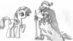 Size: 1500x847 | Tagged: safe, artist:dj-black-n-white, derpibooru import, rarity, human, pony, unicorn, armor, crossover, duo, fantasy class, female, generosity, grayscale, kneeling, knight, mare, monochrome, plate armor, shield, sword, traditional art, warrior, weapon