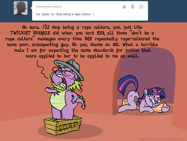 Size: 870x656 | Tagged: questionable, artist:brutamod, derpibooru import, spike, twilight sparkle, twilight sparkle (alicorn), alicorn, pony, ask-pillowpenis, body pillow, female, hat, literal soapbox, mare, mra, neckbeard, pillow penis, rape culture, soapbox, trilby