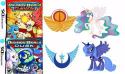 Size: 1164x687 | Tagged: safe, derpibooru import, princess celestia, princess luna, agumon, alicorn, hawkmon, pony, salamon, veemon, demidevimon, digimon, digimon world dawn and dusk, ethereal mane, female, mare, new lunar republic, nintendo ds, s1 luna, simple background, solar empire, white background