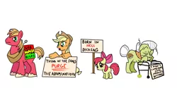 Size: 1004x502 | Tagged: suggestive, derpibooru import, apple bloom, applejack, big macintosh, granny smith, earth pony, pony, angry, eyes closed, female, filly, frown, glare, implied penis, looking up, male, mare, protest, racism, sad, sign, simple background, sleeping, stallion, vulgar, wat, white background