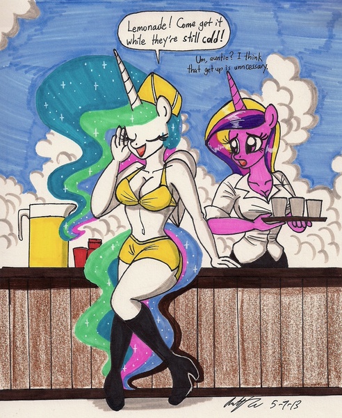 Size: 1363x1661 | Tagged: anthro, artist:newyorkx3, belly button, boots, breasts, busty princess cadance, busty princess celestia, clothes, derpibooru import, female, hat, juice, lemonade, plantigrade anthro, princess cadance, princess celestia, suggestive, traditional art