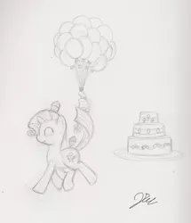 Size: 1280x1489 | Tagged: balloon, cake, cupcake, derpibooru import, personality swap, pinkity, rarity, safe, swapped cutie marks, tail hold