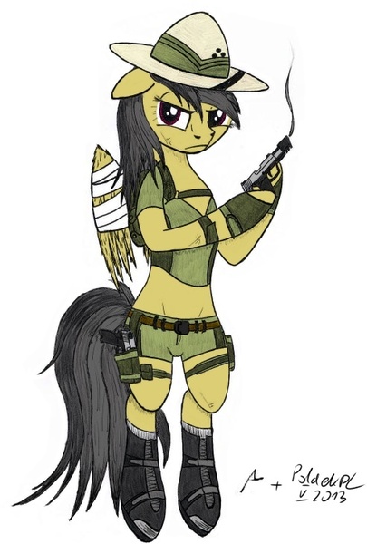 Size: 493x730 | Tagged: safe, artist:karpiupl, artist:poldekpl, derpibooru import, daring do, pony, semi-anthro, bipedal, boots, clothes, gun, hoof boots, pistol, shorts, solo, usp, wide hips