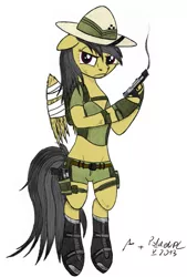 Size: 493x730 | Tagged: safe, artist:karpiupl, artist:poldekpl, derpibooru import, daring do, pony, semi-anthro, bipedal, boots, clothes, gun, hoof boots, pistol, shorts, solo, usp, wide hips