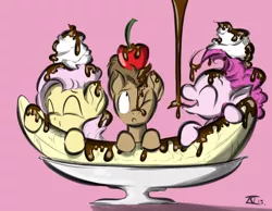 Size: 900x700 | Tagged: artist:keentao, banana, banana split, cherry, chocolate, derpibooru import, doctor whooves, fluttershy, food, foodplay, food pony, messy, micro, original species, pinkie pie, ponies in food, safe, time turner, whipped cream