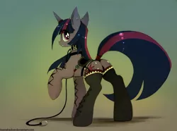 Size: 1212x900 | Tagged: suggestive, artist:foxinshadow, derpibooru import, twilight sparkle, pony, unicorn, clothes, collar, ear piercing, female, horn ring, leash, mare, panties, piercing, saddle, solo, stockings, tail wrap, thong, underwear
