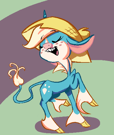 Size: 385x454 | Tagged: safe, artist:sb, derpibooru import, oc, unofficial characters only, classical unicorn, billie, freckles, hat, leonine tail, solo